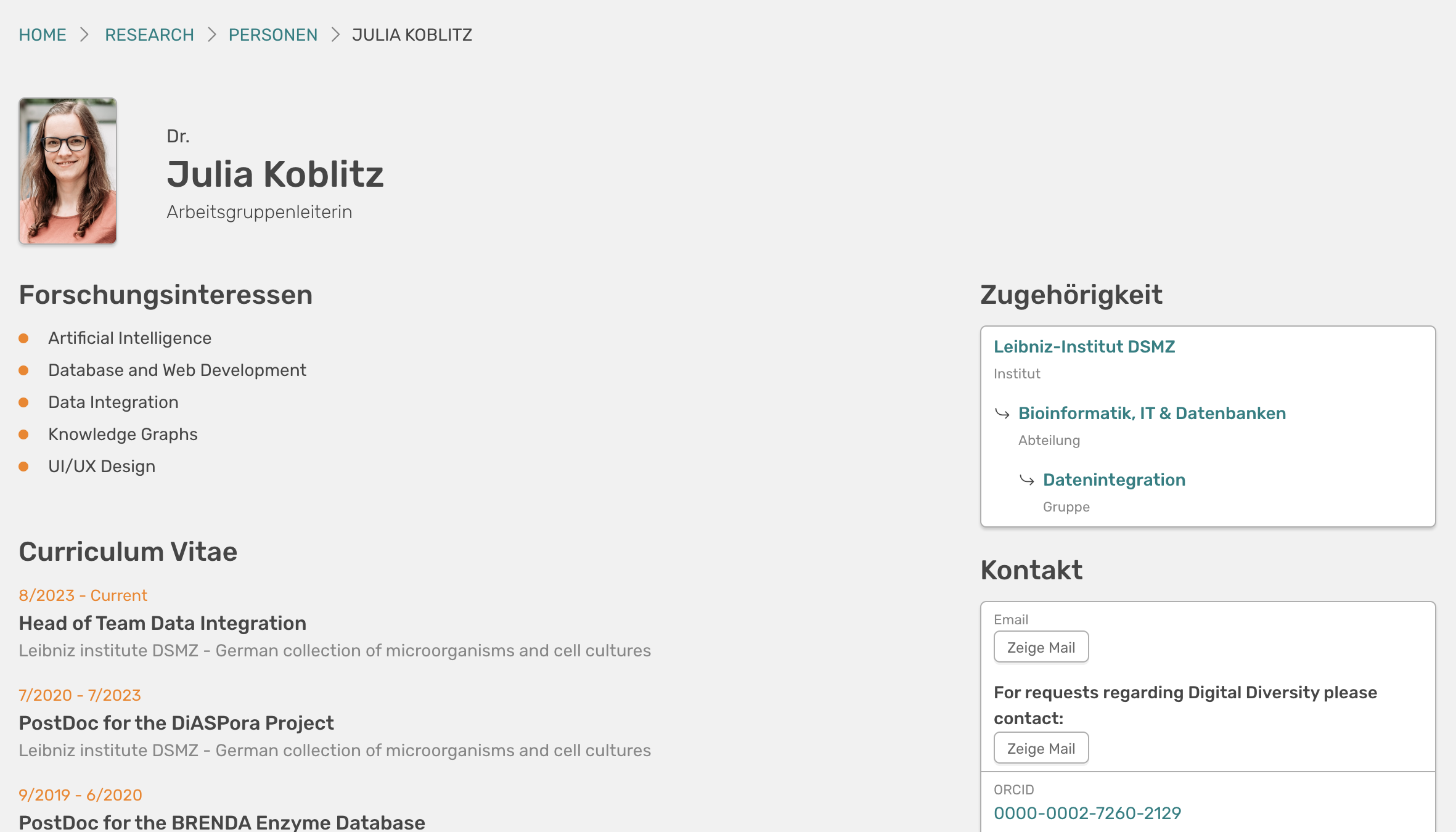 Die Profilseite einer Person in OSIRIS Portfolio