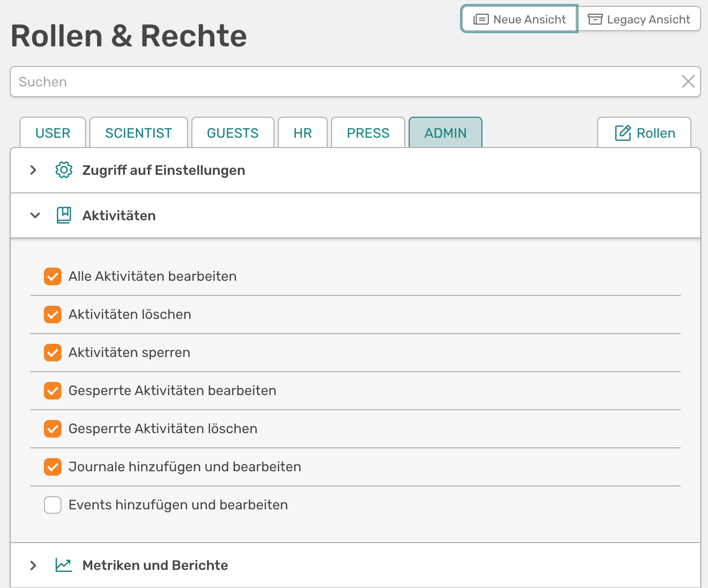 The roles and rights management in the admin dashboard (new view from v1.5.0)