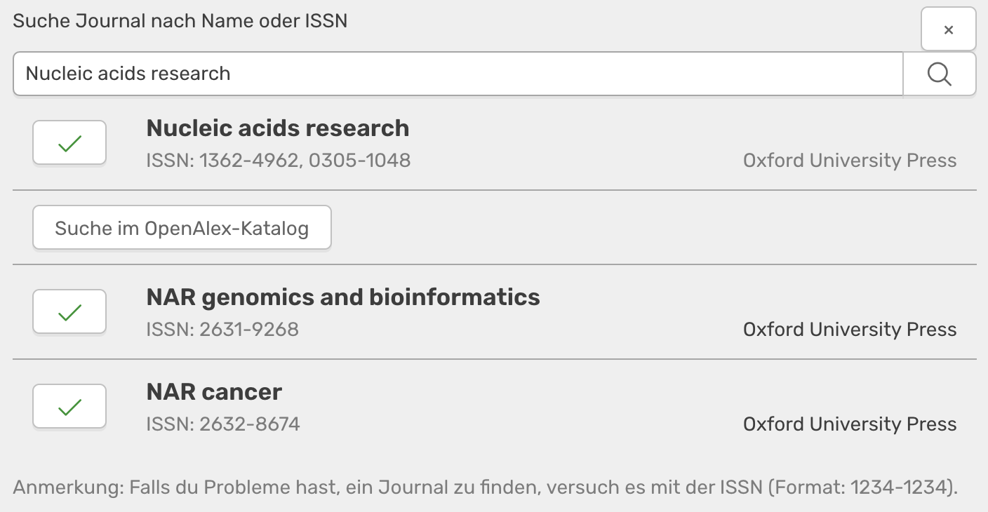 Widget, das sich beim Klick auf oben gezeigtes Datenfeld öffnet. Hier kann in OSIRIS und im Online-Katalog nach vorhandenen Journalen gesucht werden. Dadurch werden Fehler vermieden.