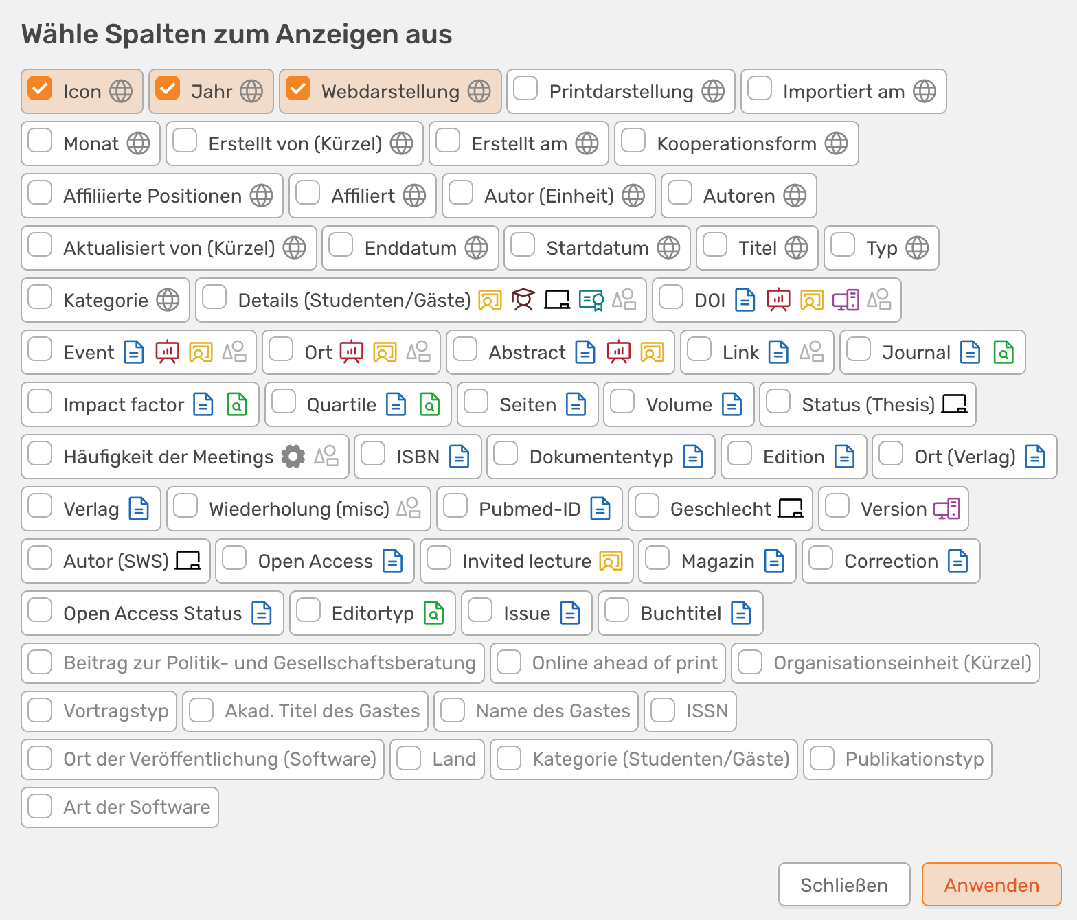Ab v1.4.0 können Spalten zur Anzeige in der Suche ausgewählt werden. Das Interface unterstützt euch dabei und zeigt, welche Spalten ihr bei welchen Aktivitätstypen verwendet und welche gar nicht befüllt sind (ausgegraut).