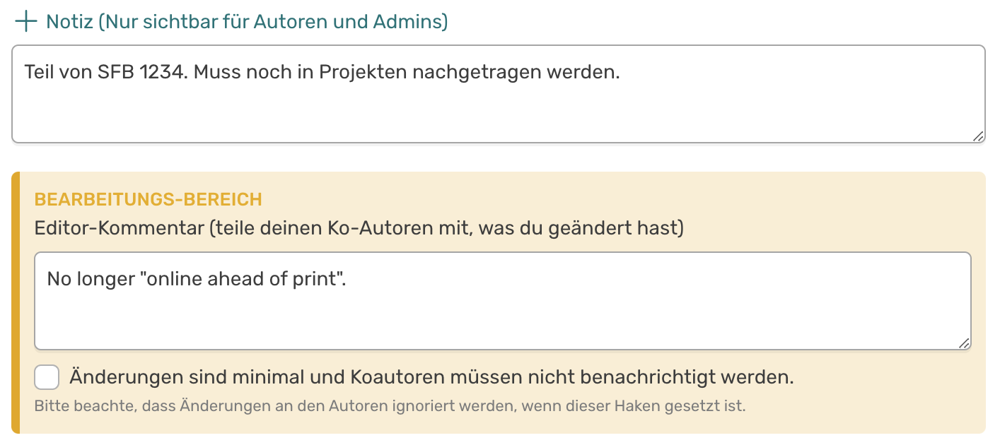 Kommentarfunktionen im Formular zur Bearbeitung einer Aktivität.