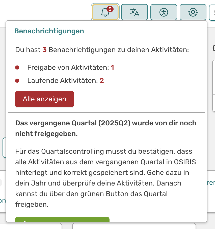 Hinweise in der Persönlichen Profilseite auf neue Benachrichtigungen.