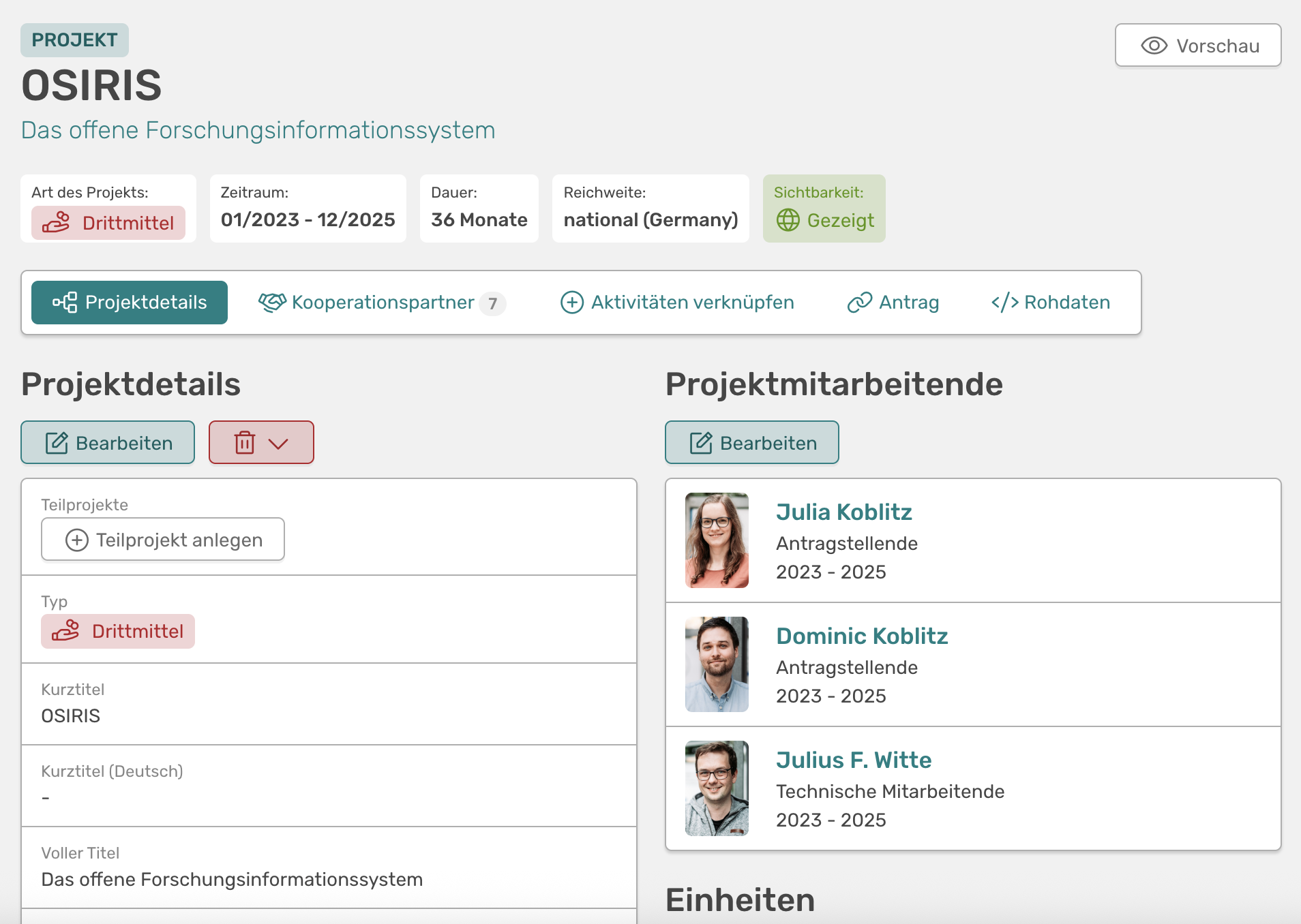 Übersicht über ein Projekt in OSIRIS. Neben den gezeigten Details kann man auch Kooperationspartner und verknüpfte Aktivitäten anzeigen lassen.